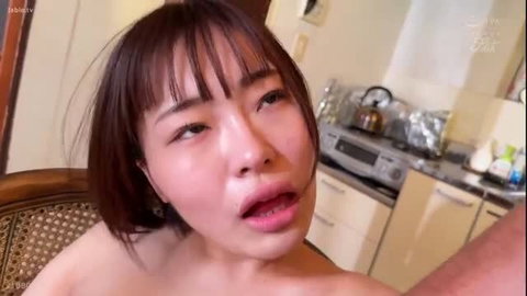 Yuka Chiba topless POV closeup, open mouth in kitchen, JUFE JAV