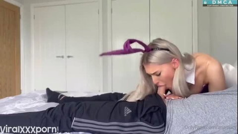Alexandra Marianna in bunny ears gives steamy blowjob on bed