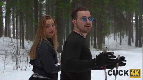 Blonde teen and guy ski in snowy woods, cuck 4K thumbnail