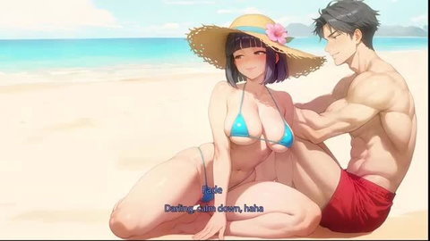 Busty Asian bikini babe with hat calms down buff guy at beach