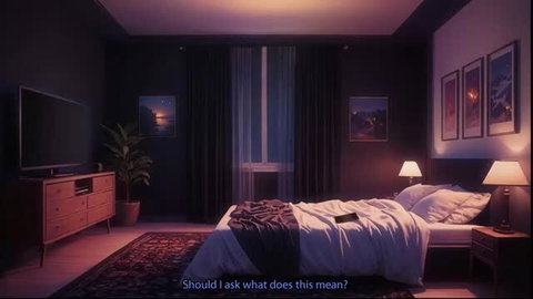Cozy bedroom with messy bed, dim lamps and sunset art, softcore tease