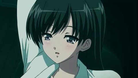 Cute black-haired anime girl in white shirt teary-eyed closeup