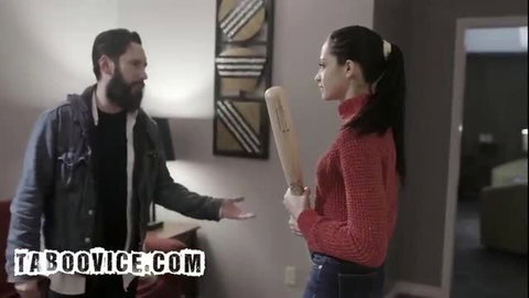 Avi Love holds bat facing pervy bearded stalker in tense taboo scene