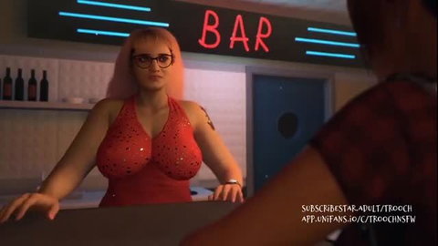 Pink-haired busty bartender in sparkly red dress leaning over bar