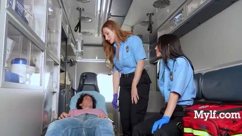 Hot redhead and Latina paramedics tease boner patient in ambulance