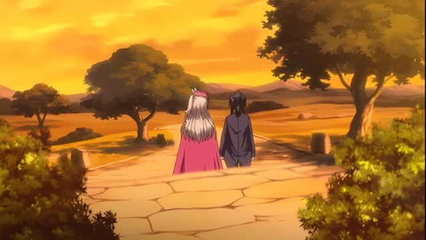Anime hentai couple walks at sunset, long white hair girl in pink cape