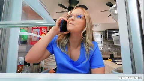 Busty blonde Codi Vore in tight blue scrubs at fridge