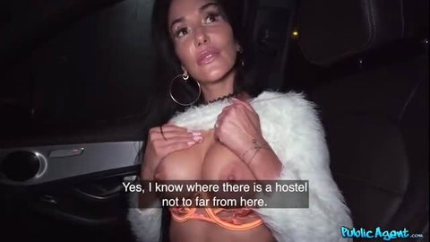 Angela Doll flashing big tits in car for Public Agent