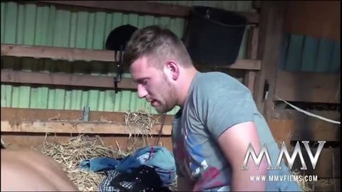 Muscular guy in barn with hay, MMVFilms logo, Kim Xxx Oriental barn bang
