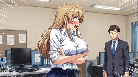 Busty blonde office lady in tight blouse confronts suited man