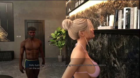 Busty blonde Katy in pink bikini teases muscular black guy John