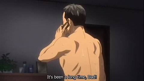 Muscular anime man shirtless back view on phone call 'It's been a long time, Dad!'