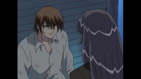 Anime JAV teacher with long black hair talks to spiky-haired guy in white shirt