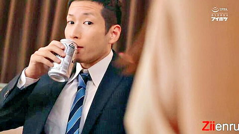 Asian businessman in suit drinking beer, horny JAV temptation