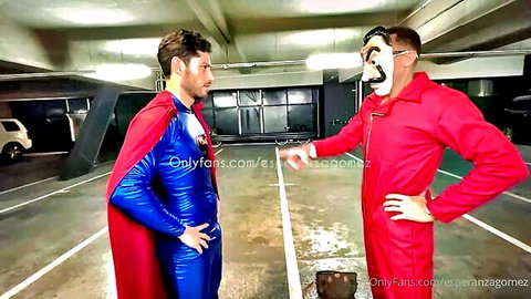 Esperanza Gomez in Superman spandex and Money Heist mask roleplay