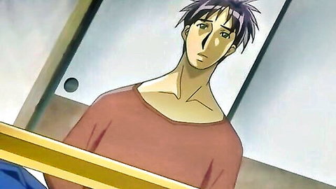 Surprised anime guy in red shirt from Hentai Mom fucks old perv