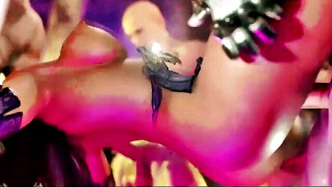 3D animated cyber babe with large tits and attachments in futuristic orgy scene