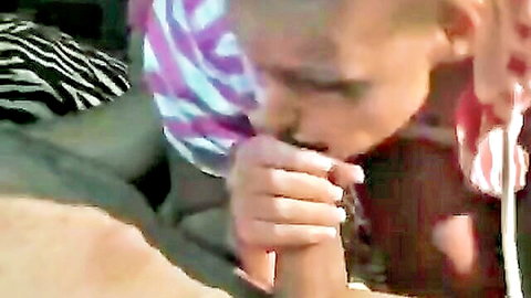 Blonde teen in striped bikini gives blowjob in taboo family scene