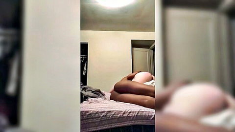 Amateur couple fucking doggystyle with big pale ass spread wide on bed