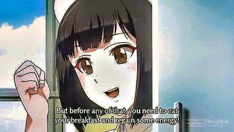 Anime girl with long black hair smiling in school uniform, breakfast tease