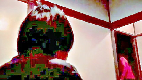 Asian woman in rear view gazing at pink figure in doorway, intimate JAV setup