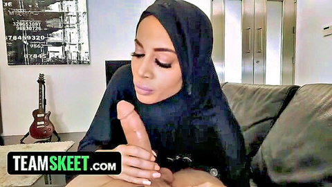 Victoria June busty Arabic teen in hijab sucks dildo, cheating solo