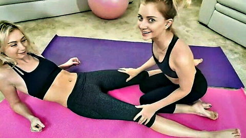 Two fit blondes in yoga stretch, stepsis and friend teasing in tight leggings