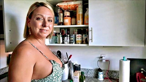Busty blonde stepmom Brianna Beach teasing in low-cut green dress