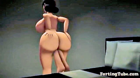 Animated curvy Asian woman with massive ass and breasts, nude rear view fart fetish scene