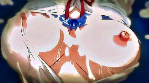 Busty anime girl with massive exposed tits dripping cum in hentai scene