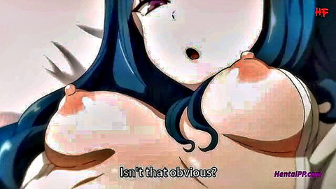 Animated blue-haired hentai girl with massive bare breasts, shocked expression