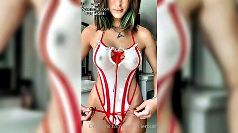 Green-tipped hair beauty in sexy white red lingerie OnlyFans try-on haul