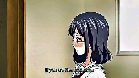 Shy anime schoolgirl with glasses blushing in uniform