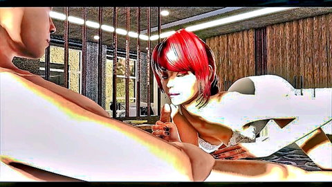 Redhead in white lingerie giving blowjob to man, teacher fantasy