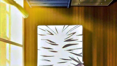 Aki Sora in a dream anime scene with warm yellow lighting and abstract spiky patterns
