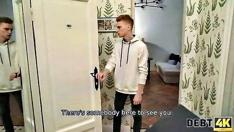 Young debt collector in hoodie opens door to confront husband
