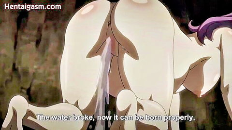Purple-haired hentai girl in labor, water breaking from big ass in Goblin No Suana 3