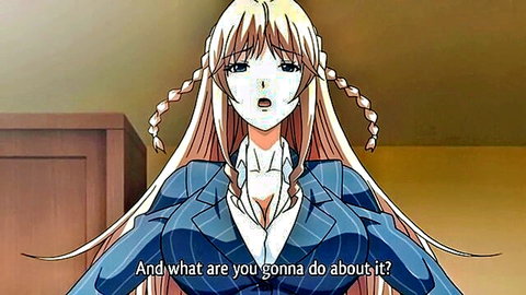 Blonde anime busty woman in open suit blouse teasing challengingly