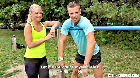 Eveline Dellai introduces herself to Alex in Czech Couples 29 outdoor park scene