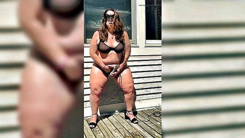 Curvy BBW wife in brown bra and thong posing outdoors