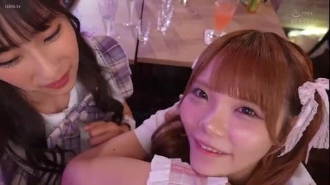 Cute Japanese maids Minori & Rei seduce with drinks in koncafé