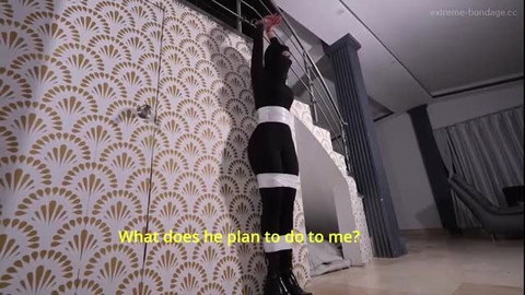 Bondage thief girl taped arms up helpless, what he plans to do