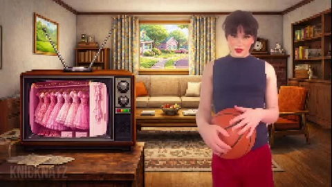 Auntie’s Summer Sissy in halter top and shorts holding basketball by pink dresses TV