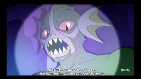Creepy fish monster alien in spooky Halloween costume lair