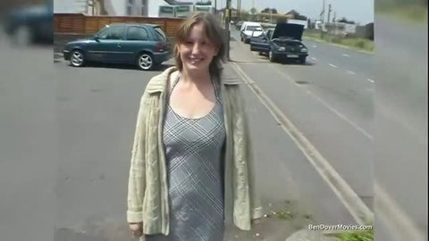 Toni Chilton in grey dress & cardigan on street, Ben Dover casting
