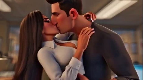 Curvy brunette office babe in sexy blouse passionately kisses tall hunk