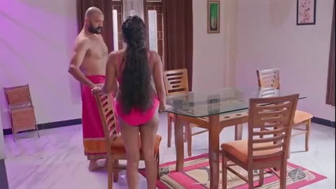 Indian busty babe in pink thong bikini with bald hunk in towel