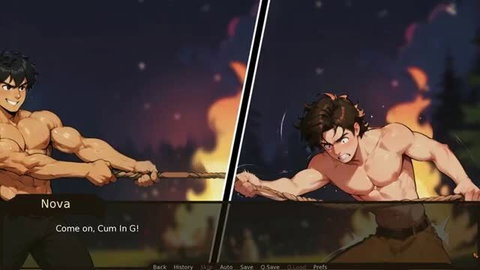 Muscular black and Asian men tug-of-war over rope in fiery night, Nova says 'Come on, Cum In G!'