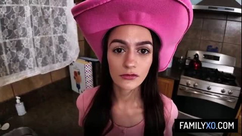 Summer Renee in pink cowgirl hat, lewd stepdaughter kitchen tease