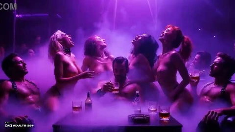 Nude fetish rave slaves with huge tits, leashed, nipple clamps, surrounded by buff men